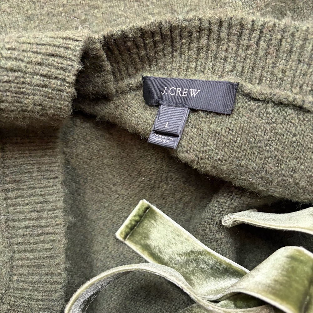 J.Crew Olive Green V-Back Sweater with Velvet Tie - Picture 8 of 11